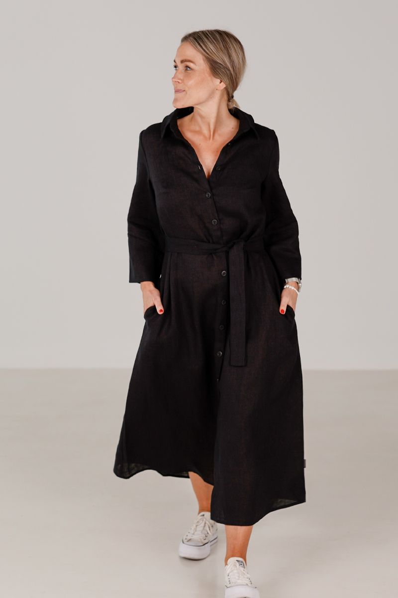 Donna black linen shirt dress