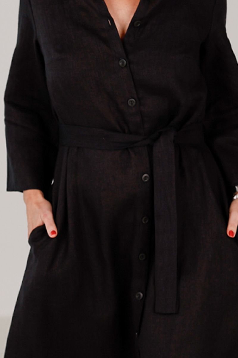 Donna black linen shirt dress